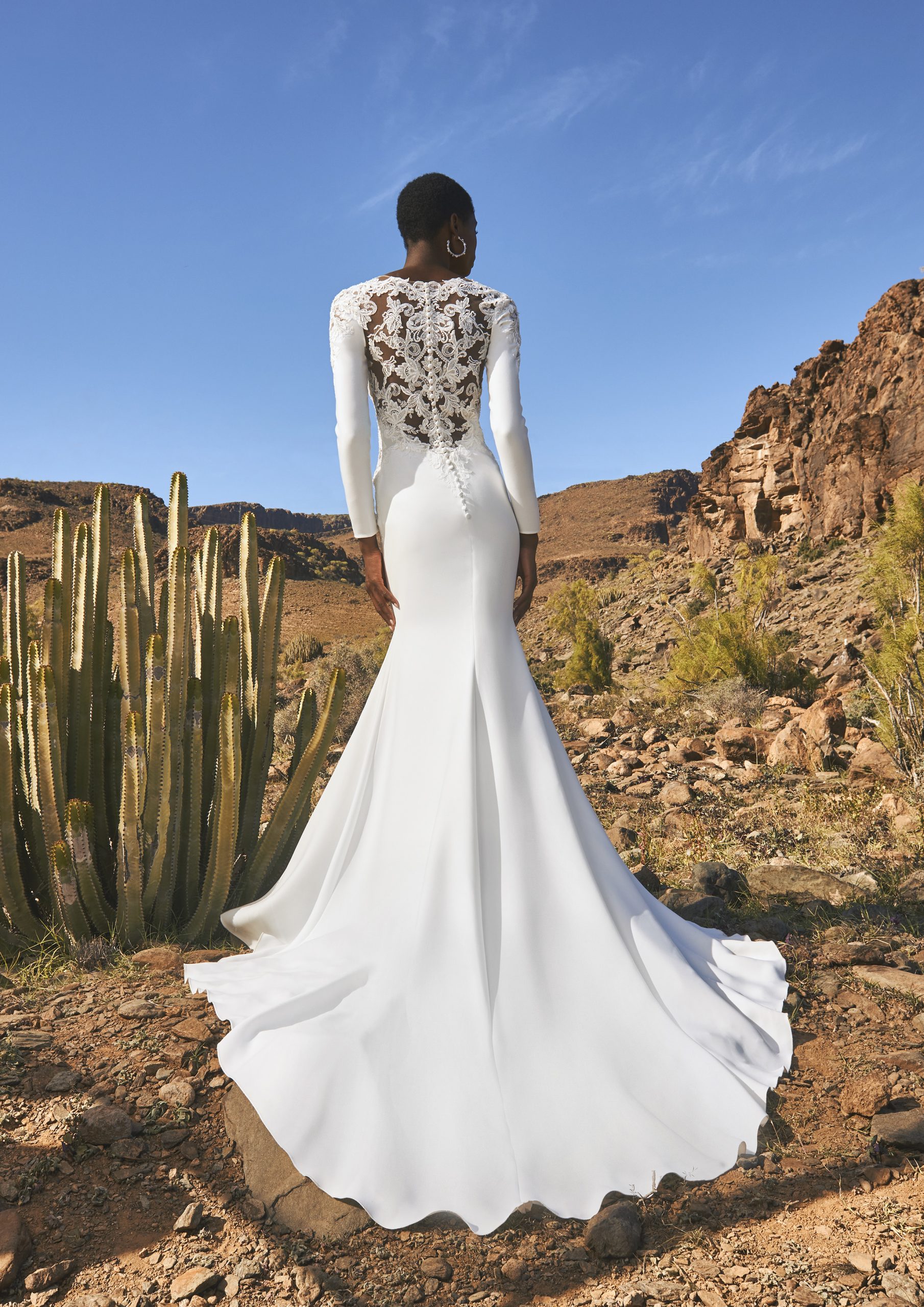 Model wears long sleeved wedding dress from Pronovias. V-neck front and high embellished enclosed back, this fitted and plain skirt and plain front wedding dress is WOW