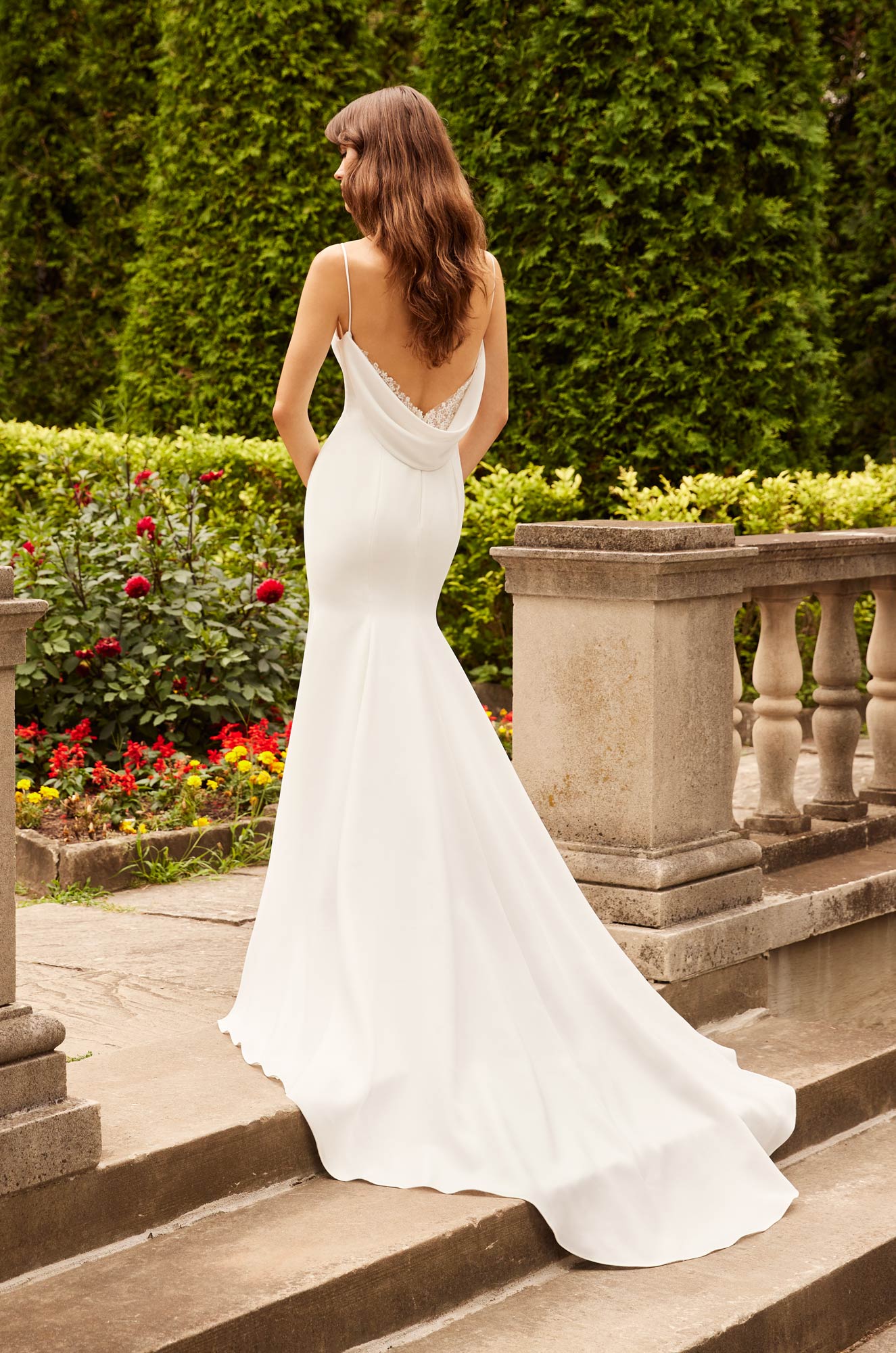 A Square Necked with Thin Straps Sleeveless Plain Crepe Wedding Dress, with detachable draped cowl low back and lace and sequin detail, and, a sexy slit